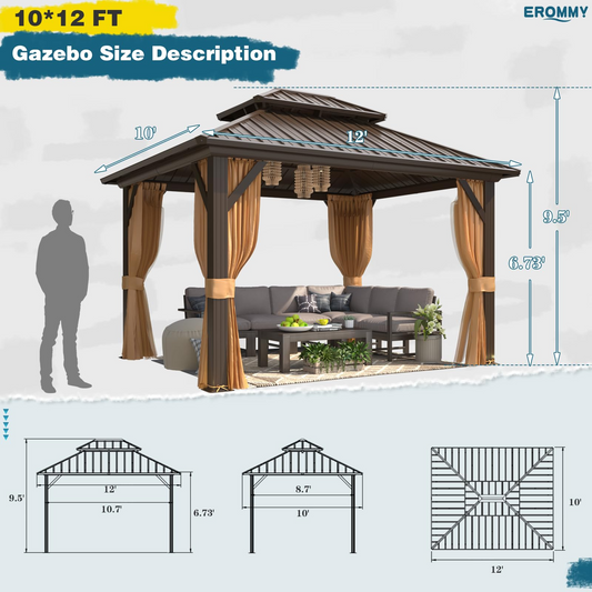 EROMMY 10' x 12' Hardtop Gazebo, Galvanized Steel Double Roof Metal Gazebo with Aluminum Frame, Permanent Outdoor Pavilion with Curtain and Netting