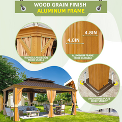 EROMMY 12' x 18' Gazebo, Wooden Finish Coated Aluminum Frame Canopy with Double Galvanized Steel Hardtop Roof