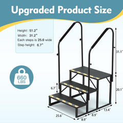EROMMY 3-Step RV Steps with Dual Handrails, 660 LBS Heavy-Duty RV Stairs with Armrest Covers, Anti-Slip Hot Tub and Mobile Home Steps with Non-Skid Tapes