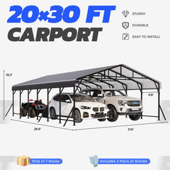 EROMMY 20x30 FT Heavy Duty Metal Carport with Reinforced Steel Braces & Galvanized Steel Roof and Frame, Sturdy Car Shed in All Weathers, Easy Assembly Car Shelter for 2 Cars, SUV, Tractors and Boat
