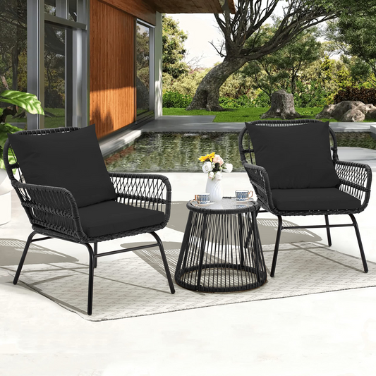EROMMY 3-Piece Patio Conversation Bistro Set, Outdoor Furniture with Tempered Glass Top Table & 2 Wide Ergonomic Armchairs, Black