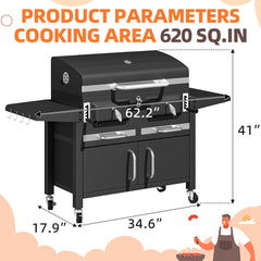 EROMMY 36 In Large Charcoal Grill - 620 Sq.In Oversized BBQ Area with Storage Cabinet & Individual Lifting Charcoal Trays, Foldable Side Tables and Thermometer