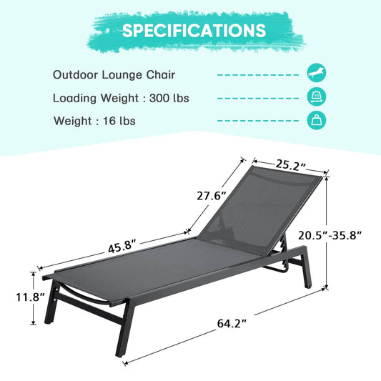 EROMMY Outdoor Chaise Lounge Set of 2, Patio Lounge Chair with Wheels and 5-Position Adjustable Backrest, Aluminum Recliner