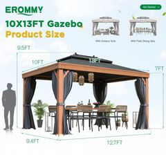 EROMMY 10' X 13' Hardtop Gazebo Metal Gazebo with Wood Grain Aluminum Frame, Galvanized Steel Double Roof, Outdoor Patio Pergolas
