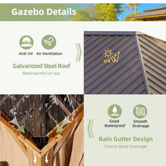 EROMMY 12' x 16' Hardtop Gazebo, Galvanized Steel Metal Single Roof Aluminum Gazebo with Curtain and Netting, Brown Permanent Pavilion