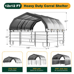 EROMMY 12'x12'x9.2' Corral and Livestock Shelter, Heavy Duty Round Style Canopy, Waterproof and UV Treated Steel Frame Cover, Easy Assembly Stable and Temporary Farm Shed, Grey
