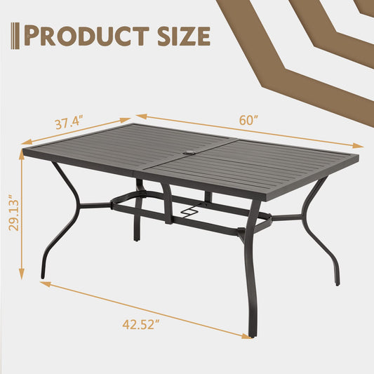 EROMMY 60'' Outdoor Dining Table for 6, E-Coating Metal Patio Dining Table with 1.57''~1.9'' Adjustable Umbrella Hole, All-Weather Resistant Rectangular Table