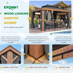 EROMMY 10' X 13' Deluxe Gazebo Hardtop Metal Pergola with Wood Grain Aluminum Frame, Galvanized Steel Double Roof, Outdoor Patio Pergolas
