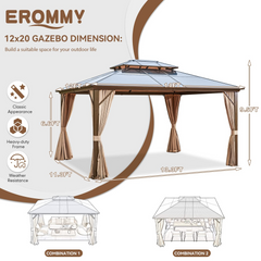 EROMMY 12' x 14' Gazebo Polycarbonate Double Roof Canopy with Aluminum Frame,Metal Pavilion with Netting and Curtains for Garden Patio Lawns