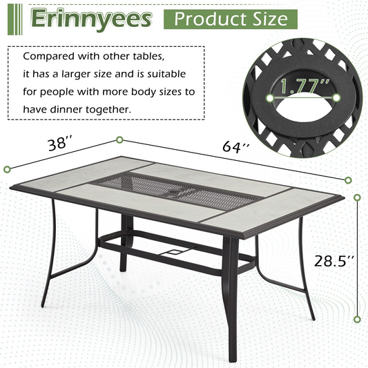 EROMMY 64 Inch Large Outdoor Dining Table, Metal Steel Table with Ceramic Grain Heat Transfer Coating and 1.77" Umbrella Hole for Garden, Backyard and Lawn