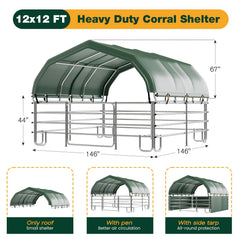 EROMMY 12'x12'x9.2' Corral and Livestock Shelter, Heavy Duty Round Style Canopy, Waterproof and UV Treated Steel Frame Cover, Easy Assembly Stable and Temporary Farm Shed, Green