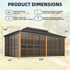 EROMMY 12'*20' Sunroom, with Front Door, Side Entrance, Galvanized Steel Double Top, Wood Grain Appearance, Aluminum Alloy Frame, Solarium Backyard Sun Room