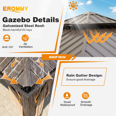 EROMMY 12' x 12' Gazebo Hardtop Double Roof Galvanized Steel Canopy with Netting and Curtains Outdoor Aluminum Frame Permanent Metal Pavilion