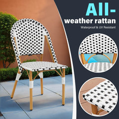 EROMMY Outdoor French Bistro Chair Set of 4, Wicker Patio Dining Chairs with Print Finish, Black&White