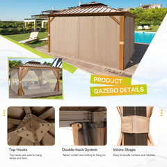 EROMMY 12' x 12' Hardtop Gazebo Faux Wood Grain Metal Ganopy with Aluminum Frame, Galvanized Steel Double Roof