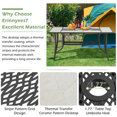 EROMMY 64 Inch Large Outdoor Dining Table, Metal Steel Table with Ceramic Grain Heat Transfer Coating and 1.77" Umbrella Hole for Garden, Backyard and Lawn
