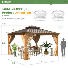 EROMMY 12' x 12' Gazebo, Wooden Finish Coated Aluminum Frame Canopy with Double Galvanized Steel Hardtop Roof, Outdoor Permanent Metal Pavilion
