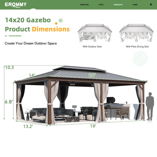 EROMMY 14' x 20' Hardtop Gazebo, Wooden Finish Coated Aluminum Frame Canopy with Double Galvanized Steel Roof, Outdoor Permanent Metal Pavilion