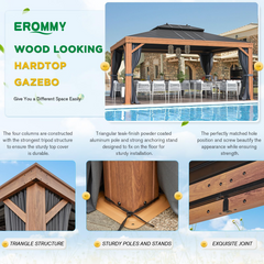 EROMMY 12'x16' Deluxe Hardtop Gazebo Outdoor Aluminum Wood Grain Gazebos with Galvanized Steel Roof and Mosquito Net for Patios