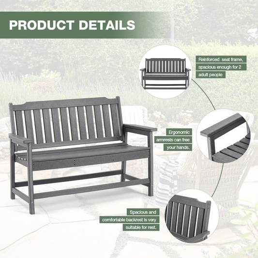 EROMMY Garden Bench, HDPE 2-Person Patio Bench with Armrests, All-Weather Weatherproof with Stable Back and Seat