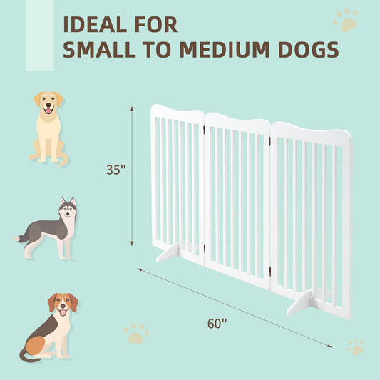 EROMMY 60" Wood Freestanding Collapsible Pet Gate, Extra Wide 35" Tall Dog Gate with 2pcs Support Feet, 3 Panels Fence, White
