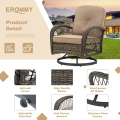 EROMMY 5 Pieces Outdoor Swivel Rocker Patio Chairs, 360 Degree Rocking Patio Conversation Set with Thickened Cushions, Glass Coffee Table and Ottomans, Khaki