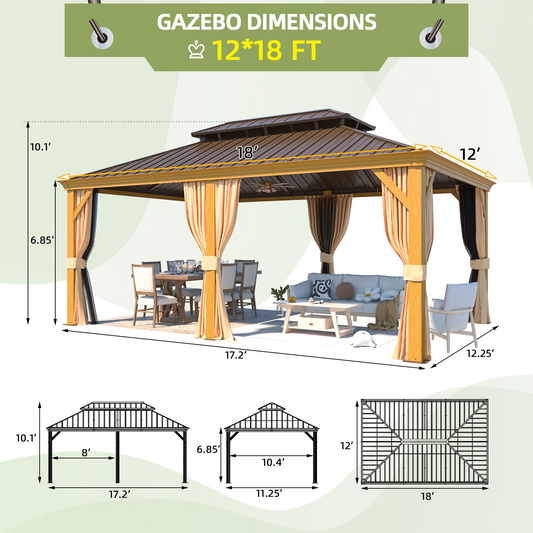 EROMMY 12' x 18' Gazebo, Wooden Finish Coated Aluminum Frame Canopy with Double Galvanized Steel Hardtop Roof