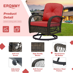 EROMMY 3 Pieces Outdoor Swivel Rocker Patio Chairs, 360 Degree Rocking Patio Conversation Set, Wine Red