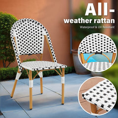 EROMMY Outdoor French Bistro Chair Set of 2, Wicker Patio Dining Chairs with Print Finish, Black&White