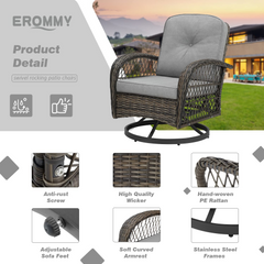 EROMMY 3 Pieces Outdoor Swivel Rocker Patio Chairs, 360 Degree Rocking Patio Conversation Set, Grey