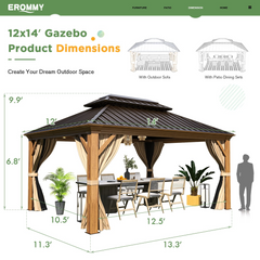 EROMMY 12' x 14' Gazebo, Wooden Finish Coated Aluminum Frame Canopy with Double Galvanized Steel Hardtop Roof, Metal Pavilion