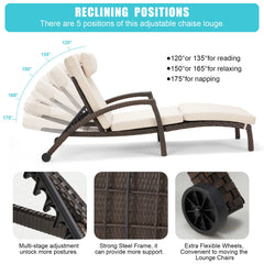 EROMMY Patio Lounge Chair Outdoor Set of 2, Wicker Tanning Chairs with Wheels, Headpillow, Ergonomic Arms & Cushion for Poolside Beach (Khaki) (Restock in mid-Feb)-Erommy