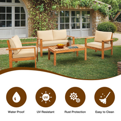 EROMMY 4 Piece Patio Conversation Set, Outdoor Coffee Table with Soft Cushions Chairs, Wood Furniture Set
