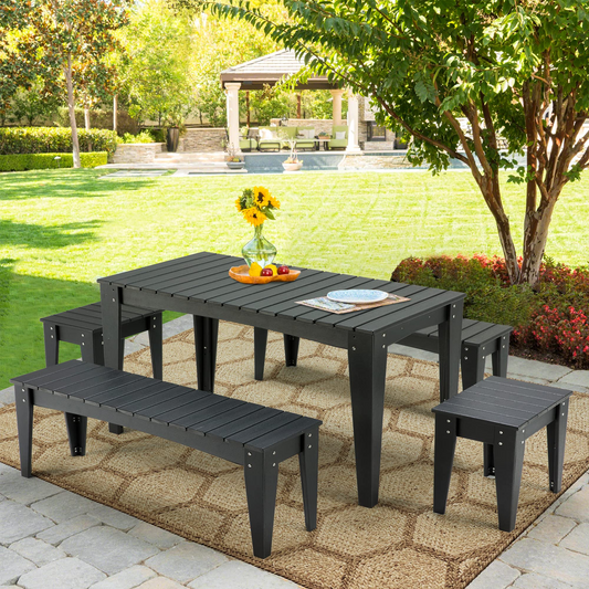 EROMMY HDPE 5 Piece Patio Dining Set, with 1 Rectangle Dining Table, 2 Double Benches, and 2 Single Stools