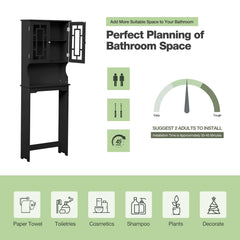 EROMMY Over-The-Toilet Storage, Wooden Bathroom Organizer, with 2 Glass Doors & Adjustable Shelf, 67.1''L x 23.6''W x 8.5''H,(Black)