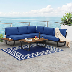 EROMMY 4 Pieces Outdoor Sectional Sofa Set with Coffee Table, 91''×91'' Extra Large L-Shaped Metal Conversation Set, Navy Blue