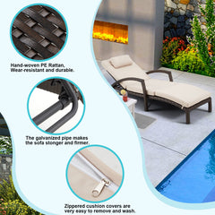EROMMY Patio Lounge Chair Outdoor Set of 2, Wicker Tanning Chairs with Wheels, Headpillow, Ergonomic Arms & Cushion for Poolside Beach (Khaki) (Restock in mid-Feb)-Erommy