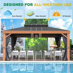 EROMMY 12'x16' Hardtop Gazebo Outdoor Aluminum Wood Grain Gazebos with Galvanized Steel Roof and Mosquito Net for Patios