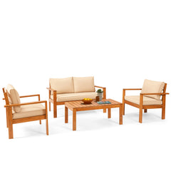 EROMMY 4 Piece Patio Conversation Set, Outdoor Coffee Table with Soft Cushions Chairs, Wood Furniture Set