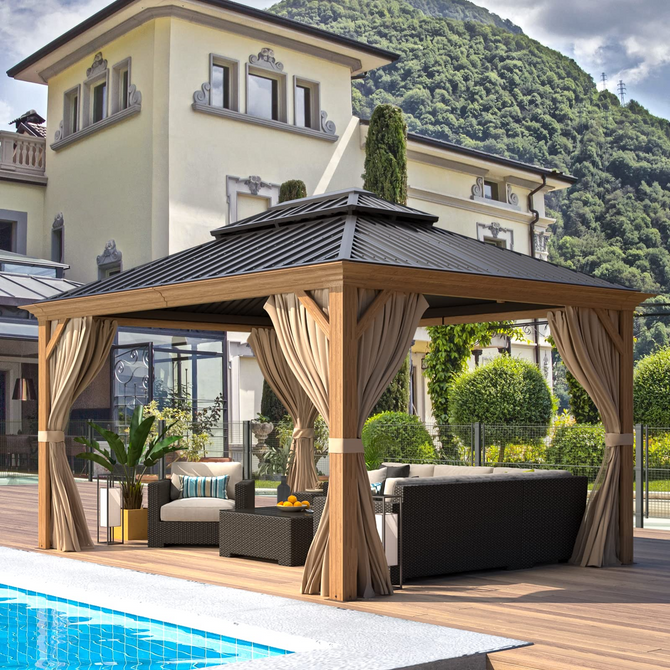 EROMMY 10' x 12' Gazebo, Wooden Finish Coated Aluminum Frame