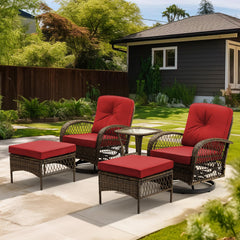 EROMMY 5 Pieces Outdoor Swivel Rocker Patio Chairs, 360 Degree Rocking Patio Conversation Set with Thickened Cushions, Glass Coffee Table and Ottomans, Wine Red