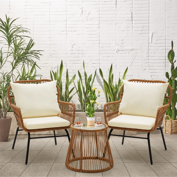 EROMMY 3-Piece Outdoor Wicker Bistro Set with Glass Top