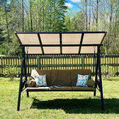EROMMY Porch Swing with Hardtop Sunshade, 3 Seat with 2 Side Cup Holder with Cushion, 2 Pillows for Front Outdoor Porch Lawn Khaki