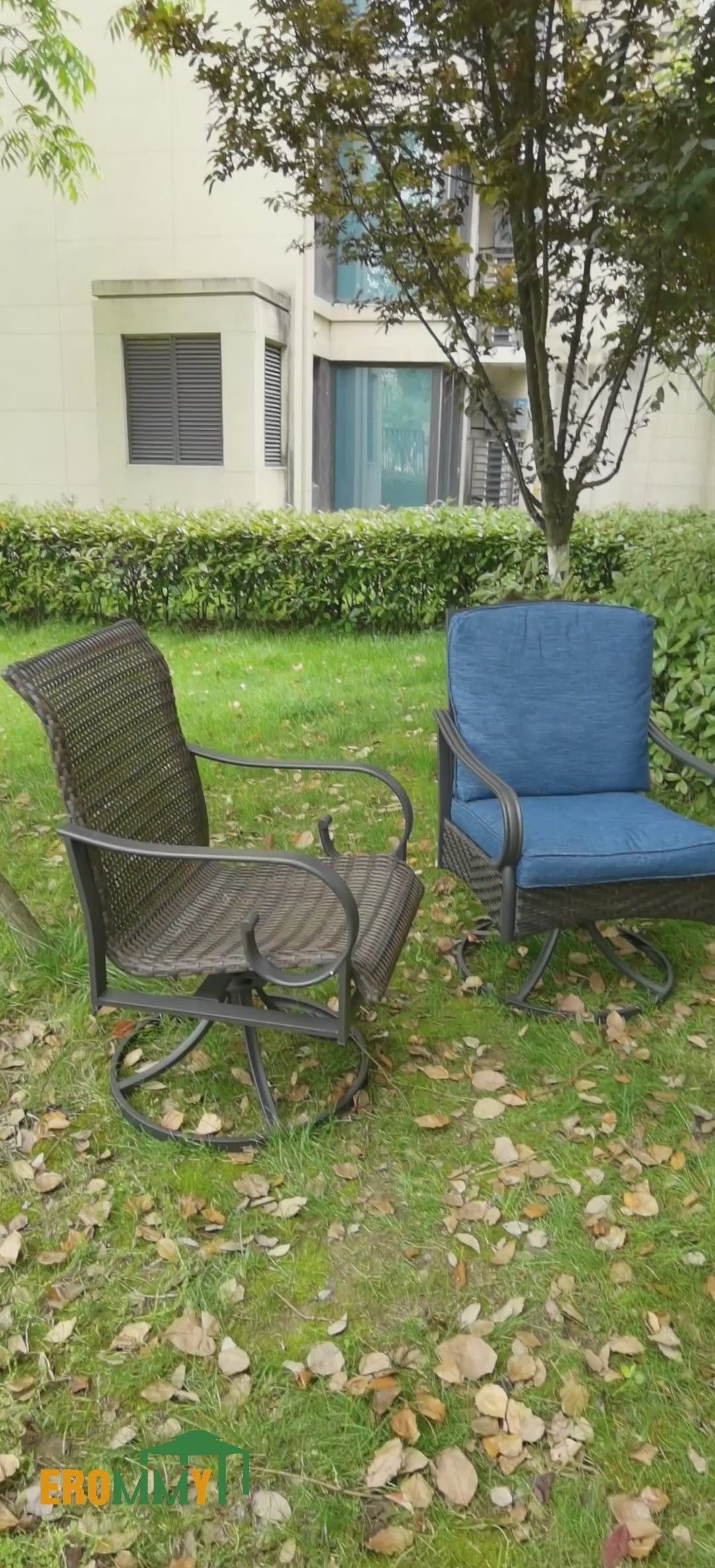 EROMMY Patio Swivel Chairs Set of 2, Heavy Duty Outdoor Dining Chairs with Full Rattan Backrest,  Blue