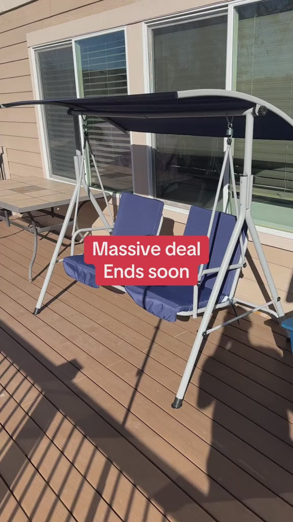 EROMMY 2-Person Outdoor Swing with Canopy, Storage Table, Cooler Bag & Cushions – Beige