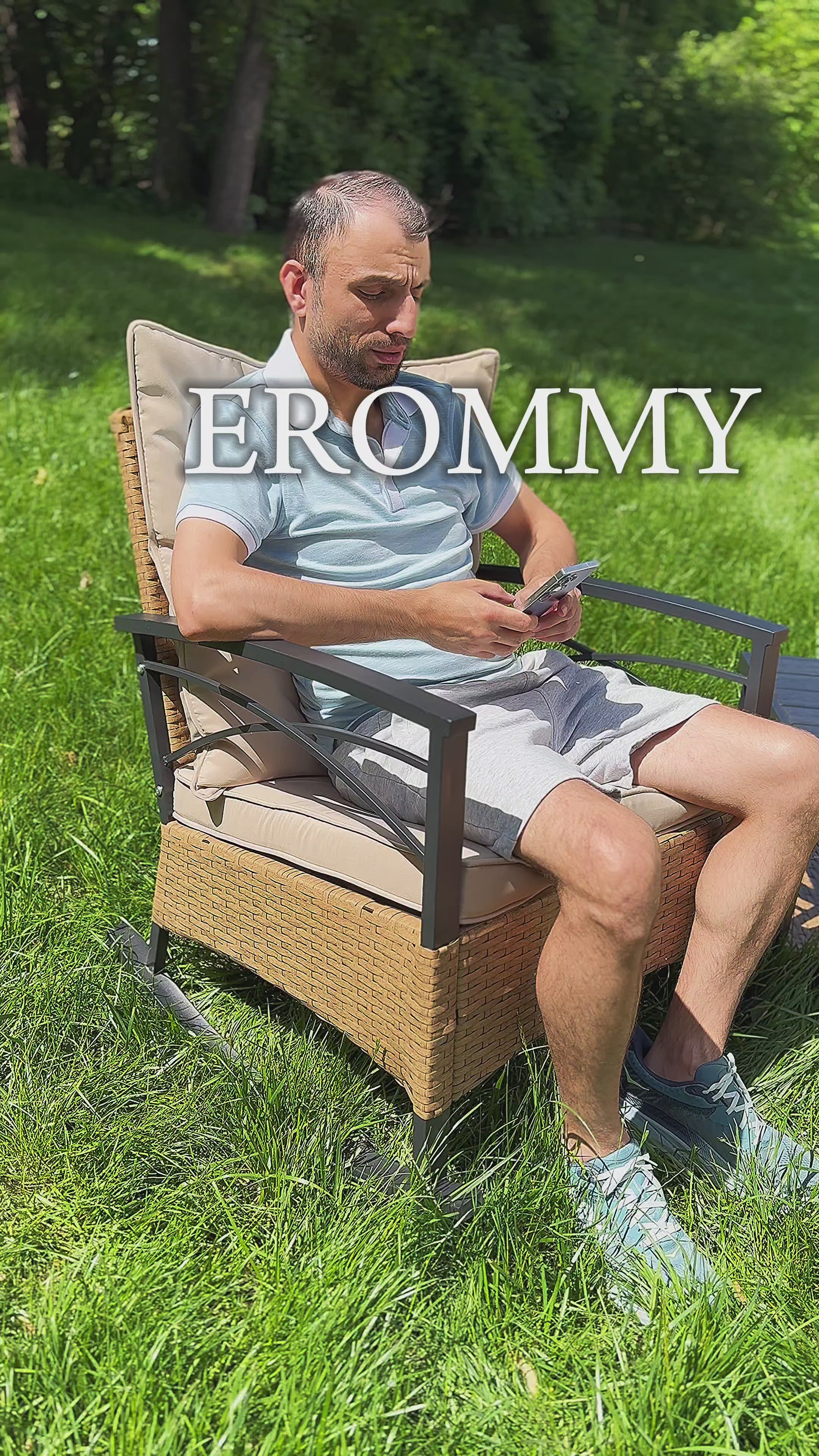 EROMMY 3-Piece Outdoor Bistro Set, PE Rattan Rocking Chairs with Cushions & Coffee Table