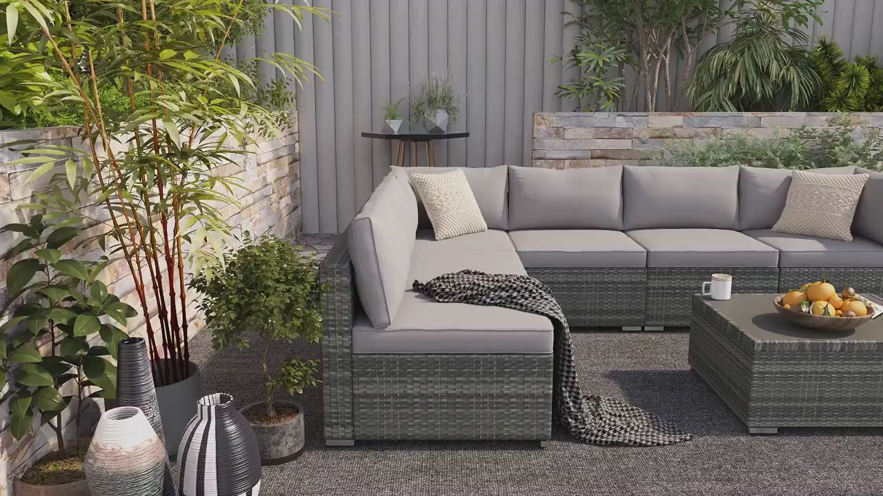 EROMMY 7 Pcs Outdoor Rattan Furniture Set with Coffee Table, Wine Red