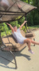 EROMMY 57in Outdoor Patio Swing with Hardtop, 3 person Bench with 2 Side Cup Holder, Convertible Backrest Swing Bed with Cushion, 2 Pillows