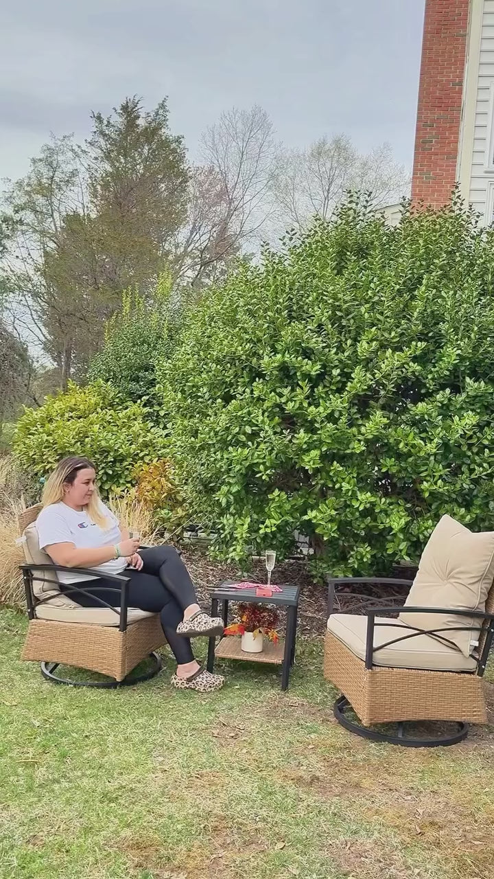 EROMMY 3-Piece Patio Swivel Rocker Set with Rattan Coffee Table, Blue