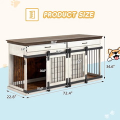 EROMMY  72" Wood Dog Crate Furniture Indoor with Divider, Dog Crate End Table with 2 Drawers for Large Breeds, White